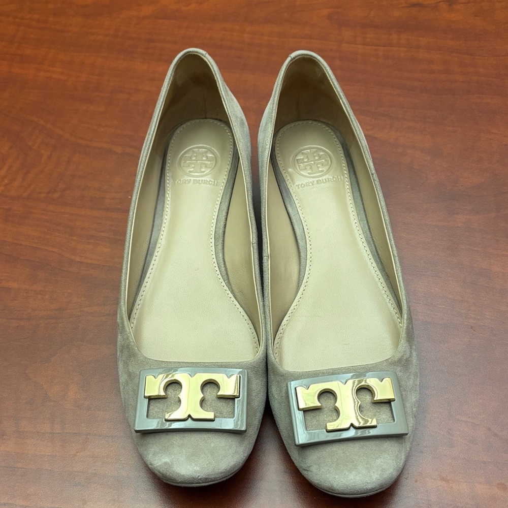 Tory Burch Taupe Suede Logo Ballet Flats with Gold Plaque